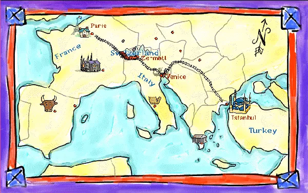Madeline: European Adventures Windows Map of Europe, marking the cities visited in the game - Paris, Zermatt, Venice, and Istanbul.