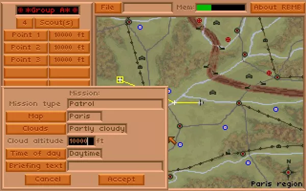 Red Baron with Mission Builder DOS Mission Builder: Mission scenario screen