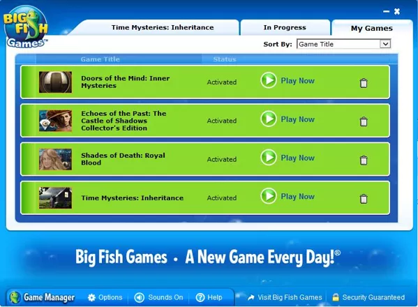 The game installs via the Big Fish Game Manager and sits in the library alongside any other installed games the player owns. It can be played from here or from the desktop shortcut