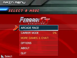 Ferrari GT: Evolution Windows Mobile Main menu