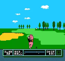 Mario Open Golf NES When swinging, press A the first time to choose your strength level, then press A again at the white bar near the center to hit the ball straight.