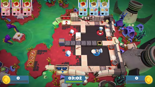 Overcooked! 2 Windows Versus mode, each player controls two chefs, and has a separate queue of foods to cook