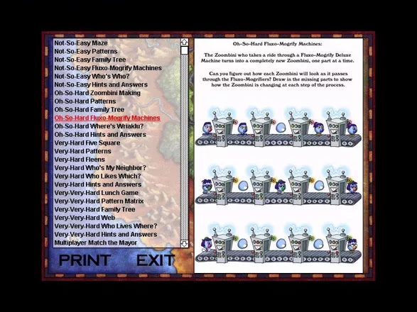 Zoombinis Triple Pack Windows Zoombinis Math Journey: Printable Activities&#x3C;br&#x3E;
The menu is run directly from the disc. As the player scrolls up and down the activity list a puzzle preview is shown