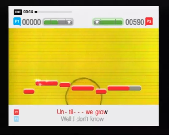 SingStar: Party PlayStation 2 When two players are singing, the red/blue color will identify who&#x27;s turn is it, and the score will increase accordingly