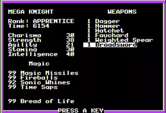 Questron II Apple II My Character&#x27;s Statistics