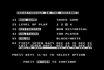 Breakthrough in the Ardennes Atari 8-bit Main Menu
