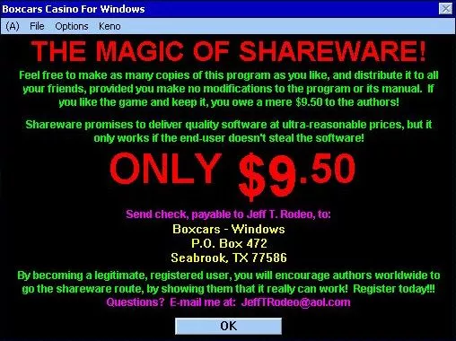 The first screen is the shareware nag screen. No order form was included in the .zip file that contained this game so presumably the complete game was issued and relied on honesty