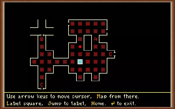 The Dark Heart of Uukrul DOS Map feature: the party is the red circle, the cursor is the white square, and you can label the map with letters. Very useful!