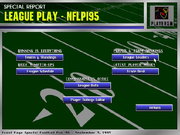 Front Page Sports: Football Pro &#x27;96 Season DOS Main menu for the League Play - NFLPI95