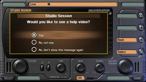 Beaterator PSP Starting a session in the studio mode