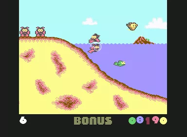 Creatures 2: Torture Trouble Commodore 64 Cylde carries a Fuzzy Wuzzy over the water