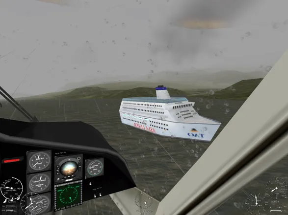 Search &#x26; Rescue: Coastal Heroes Windows BK-117 C-1 passing near a ship, cockpit view
