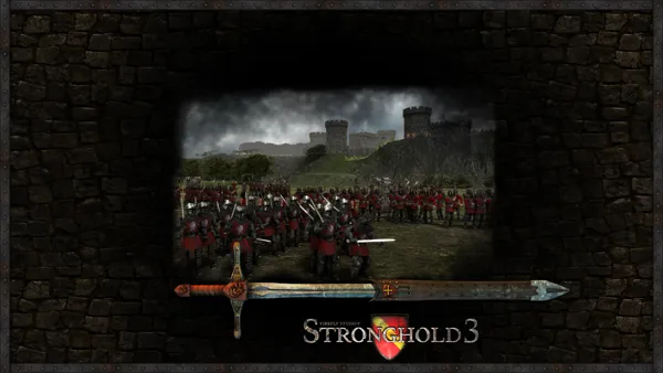 FireFly Studios&#x27; Stronghold 3 Windows One of the many loading screens, featuring a sword as a loading bar