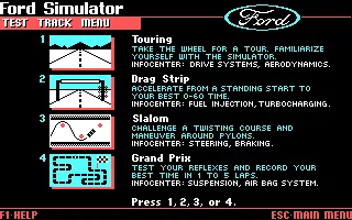 The Ford Simulator DOS Track selection. There&#x27;s a training mode and three different challenges.