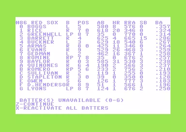 Full Count Baseball Commodore 64 Selecting your Lineup