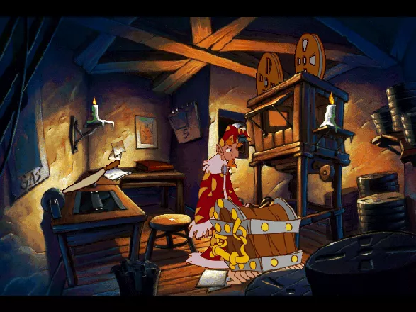 Discworld II: Mortality Bytes! DOS Rincewind as movie technician during the premiere of Death&#x27;s &#x22;clickie&#x22;.