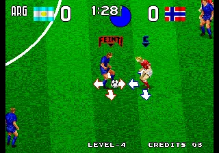 Tecmo World Soccer &#x27;96 Arcade When a player with the ball runs into another player, you have the option of feinting to trick them out.