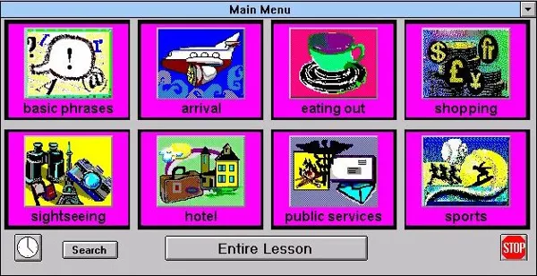EZ Language: Russian Windows 3.x The menu screen. Unlike other titles in the series, French for example, there is no option to view extra lessons on another screen