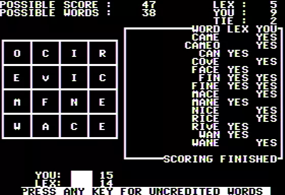 Word Challenge Apple II Final Game Score