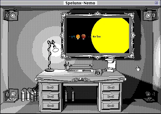 Spelunx and the Caves of Mr. Seudo Macintosh An interactive painting demonstrating the relative sizes of the planets and the Sun.