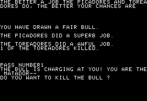 BASIC Computer Games Apple II Bullfight - Starting the Fight
