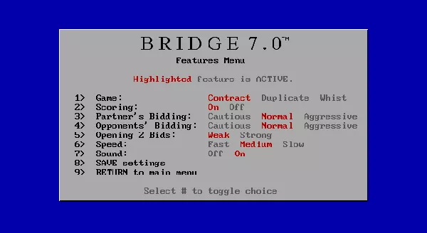 Bridge 7.0 DOS Features menu