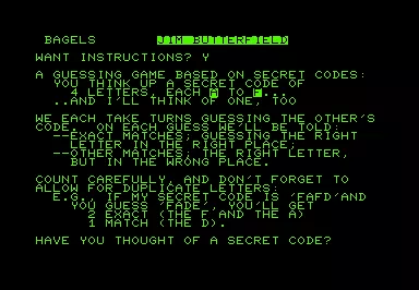 Bagels Commodore PET/CBM Title screen with instructions